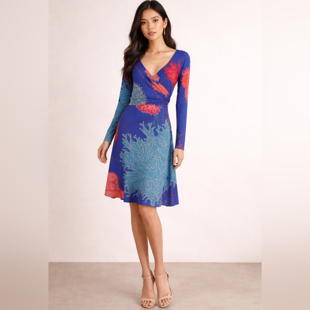 Issa London Blue Silk Long Sleeve Wrap Dress with Coral & Teal Print